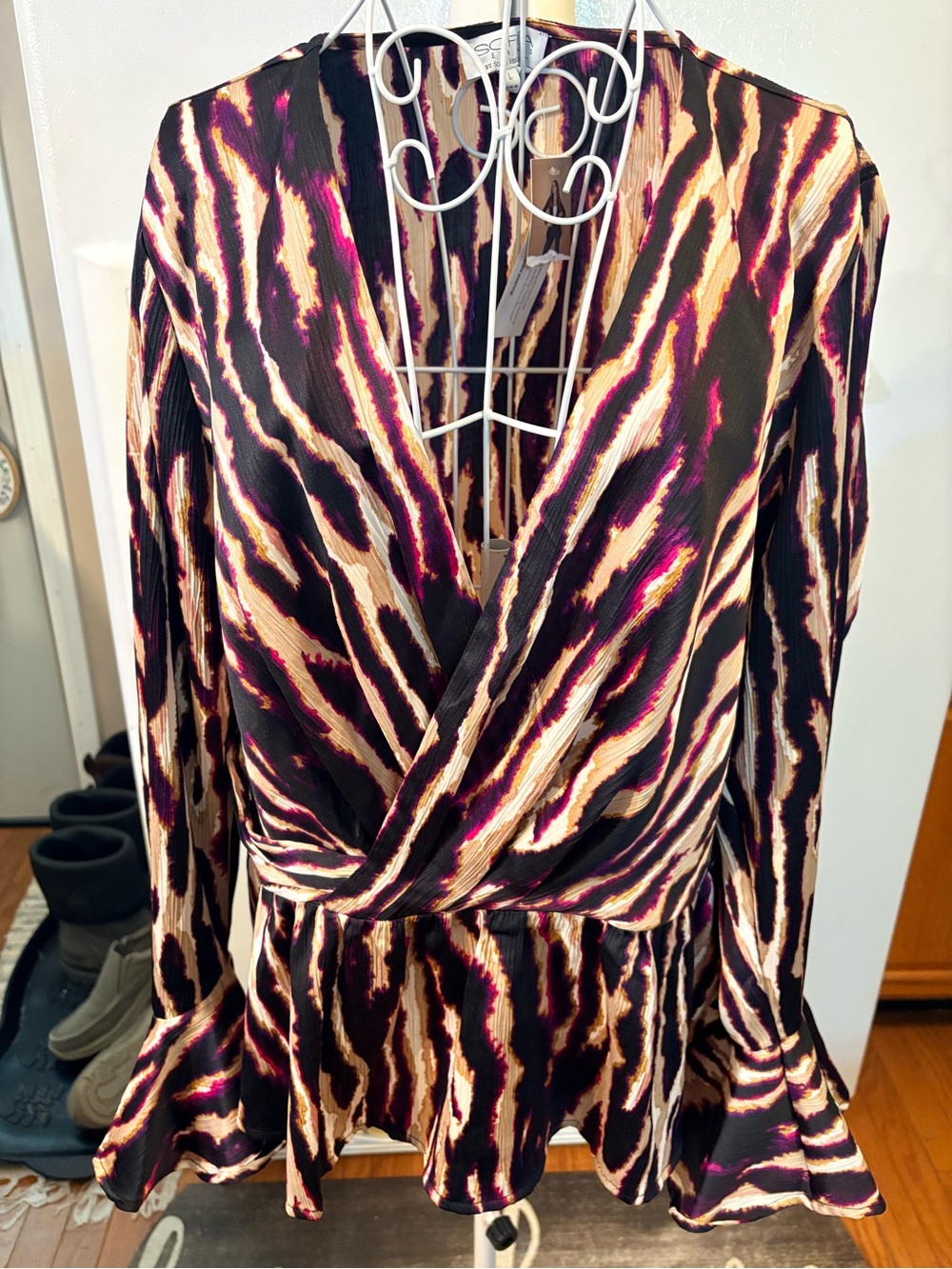 Vibrant Animal Print Wrap Top in Black, Cream & Pink
